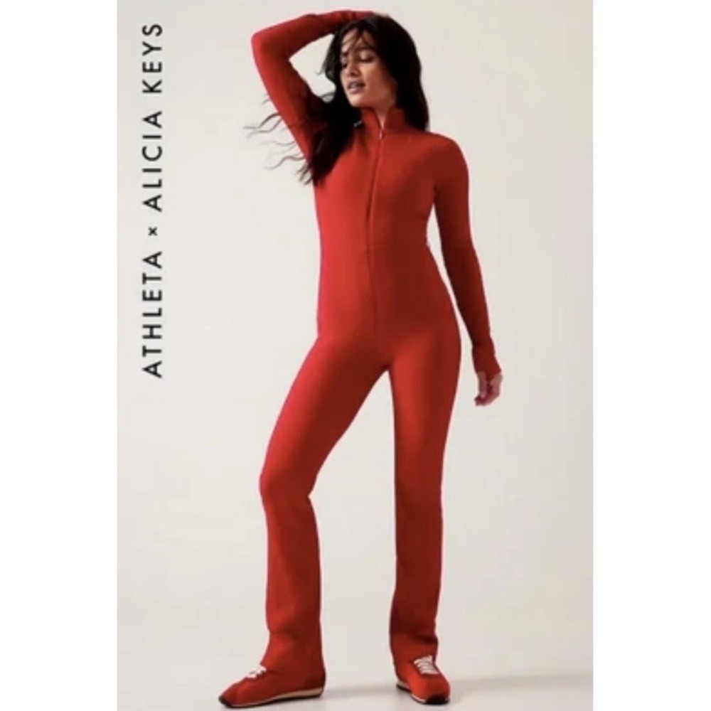 Athleta x Alicia Keys Red Half Zip Mock Neck Full Body Ribbed Jumpsuit Medium